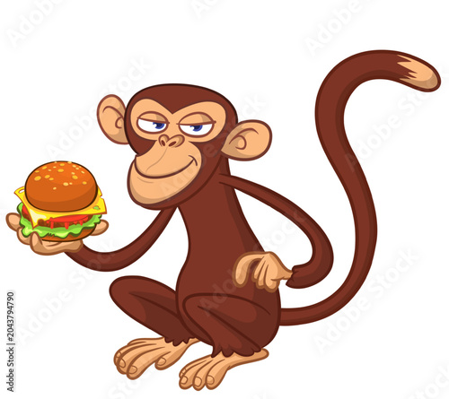 Photography Cartoon funny monkey chimpanzee holding tasty delicious burger in his hands