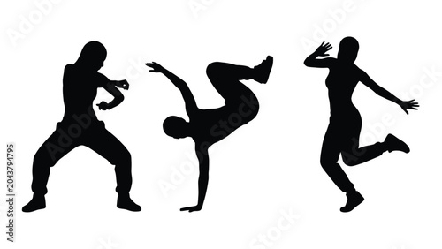 Vászonkép silhouette of three dancers performing dynamic poses dancer pose movement perfor