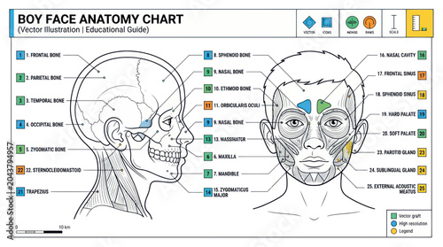 Foto Boy Face Anatomy Educational Chart: Skull, Muscles, and Bone Structure