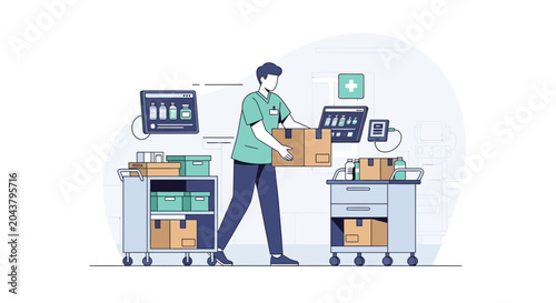 Healthcare worker handling medical supplies with delivery carts and monitors