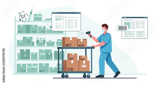 Healthcare worker scanning inventory in medical warehouse with boxes and trolley