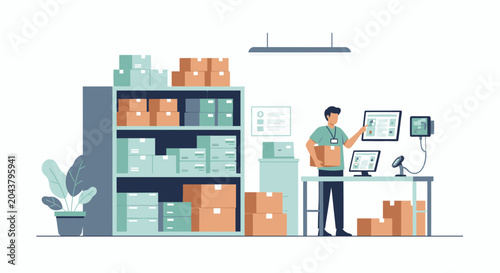 Warehouse worker organizing packages, technology, logistics, inventory management