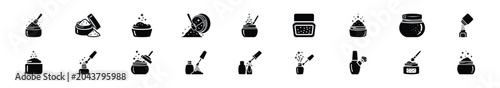 Minimalist female glitter nail powder silhouette icon set, women view and beauty vector icons