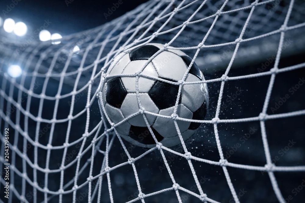 Fototapeta premium Soccer Ball Hitting Back Of Goal Net After Powerful Shot. Close Up Of Football Scoring Goal With Net Stretching On Stadium Pitch. Football World Cup Concept. Soccer World Cup Concept With Copy Space.