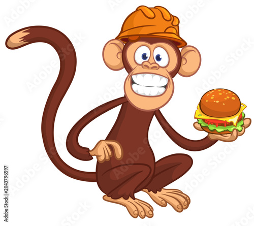 Photography Cartoon funny monkey chimpanzee holding tasty delicious burger in his hands in Safety helmet