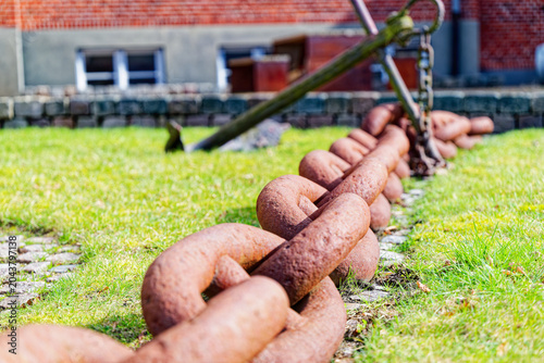 Bilde på lerret Rusty heavy metal chain linked to an anchor on green grass outdoors