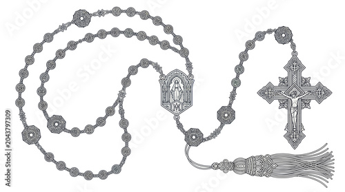 Schilderij op canvas Catholic Rosary Beads with Crucifix, Religious Prayer Item, Vintage Style