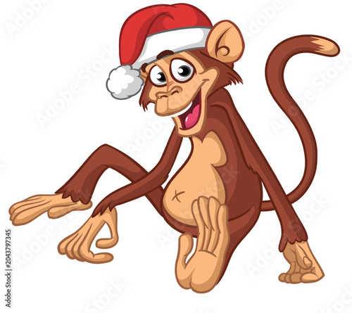 Photography Cartoon funny monkey chimpanzee sitting in Santa Hat