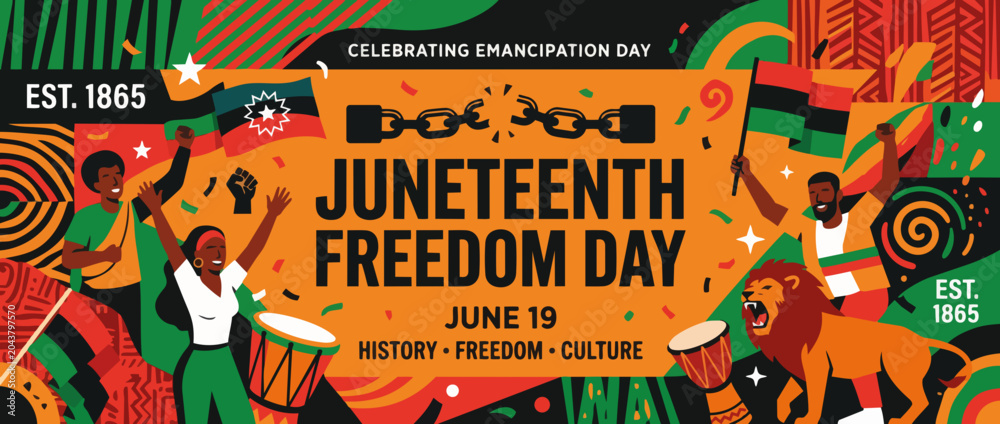 Fototapeta premium Juneteenth Freedom Day banner with people playing drum and lion. Flat design vector illustration with broken handcuffs