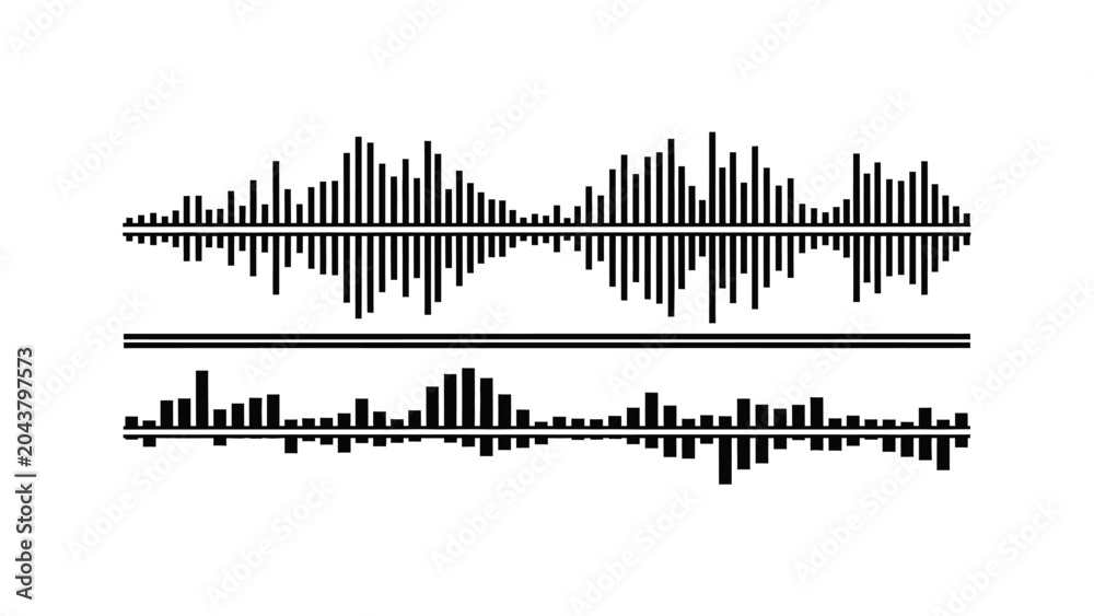 Obraz premium Digital Audio Waveform with black sound frequency bars on a clean white background ideal for music production, podcasting, and audio editing software interfaces.
