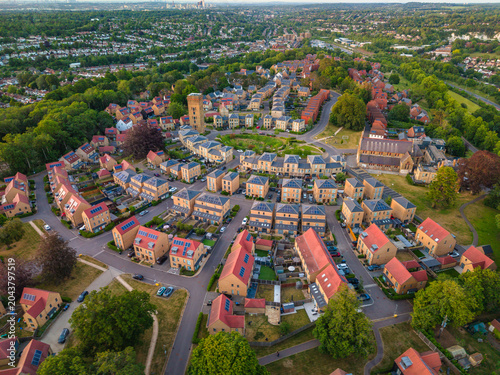 Drone view of Cane Hill estate, chapel and water tower in Coulsdon