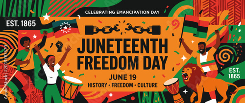 Juneteenth Freedom Day banner with people playing drum and lion. Flat design vector illustration with broken handcuffs