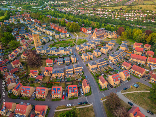 Drone view of Cane Hill estate, chapel and water tower in Coulsdon