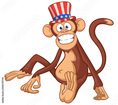 Canvas Print Cartoon funny monkey chimpanzee sitting wearing Uncle Sam hat