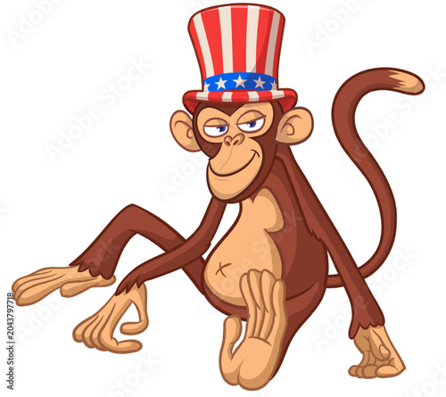 Canvas Print Cartoon funny monkey chimpanzee sitting wearing Uncle Sam hat