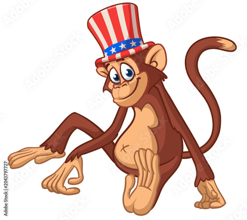 Photography Cartoon funny monkey chimpanzee sitting wearing Uncle Sam hat