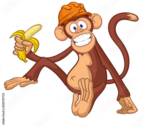 Canvas Print Cartoon funny monkey chimpanzee sitting wearing safety construction  helmet