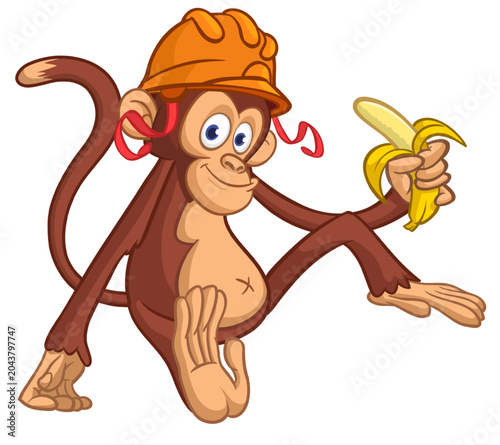Canvas Print Cartoon funny monkey chimpanzee sitting wearing safety construction  helmet