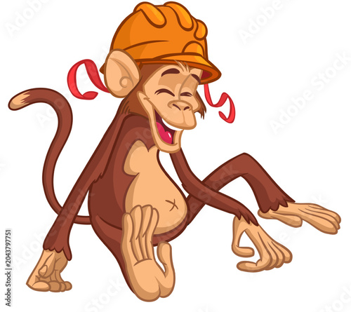 Photography Cartoon funny monkey chimpanzee sitting wearing safety construction  helmet
