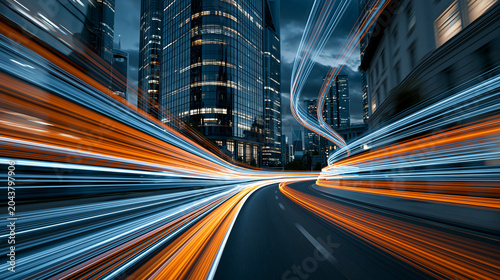 Estelas de luz en movimiento a lo largo de una carretera curva en una ciudad moderna por la noche. Concepto de velocidad, tecnología futurista y tráfico urbano