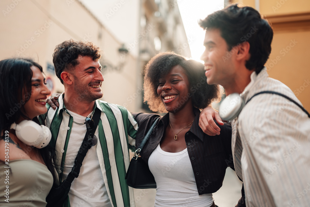 Obraz premium Group of diverse smiling young friends embracing on a sunny street, showing connection, happiness, and youthful lifestyle