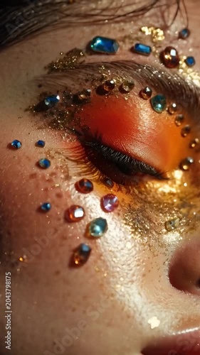 Macro shot of glitter and jewel makeup for Carnival.