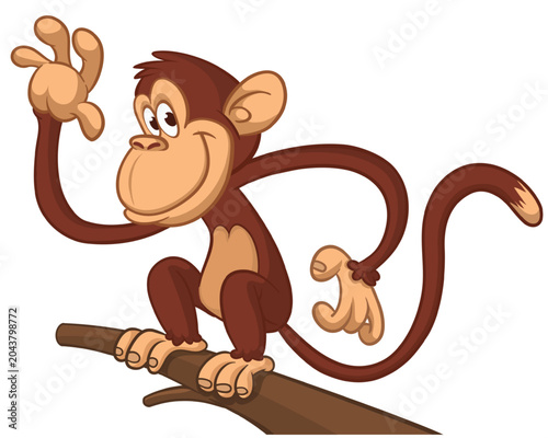 Canvas Print Cartoon funny monkey chimpanzee with cute face expression sitting on the tree branch