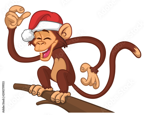 Photography Cartoon funny monkey chimpanzee wearing santa hat sitting on the tree branch