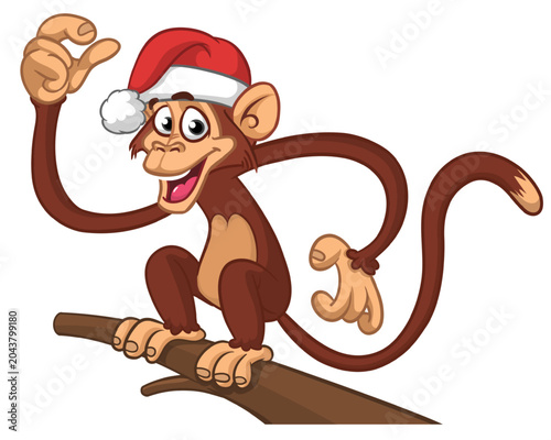 Photography Cartoon funny monkey chimpanzee wearing santa hat sitting on the tree branch