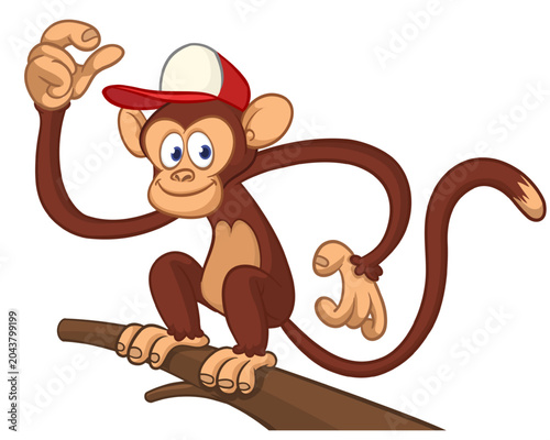 Canvas Print Cartoon funny monkey chimpanzee with cute face expression sitting on the tree branch