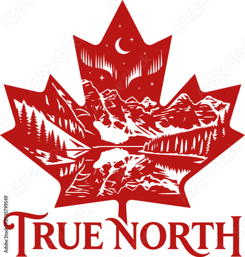 True North Canadian Wilderness Maple Leaf Design, Canada Day Patriotic Mountain Landscape Vector Illustration