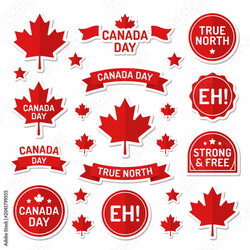 Canada Day Sticker Bundle with Maple Leaf Badges and Patriotic Quotes, Canadian Celebration Vector Set