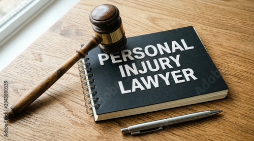 Personal injury lawyer concept with a gavel and legal book on a wooden desk.