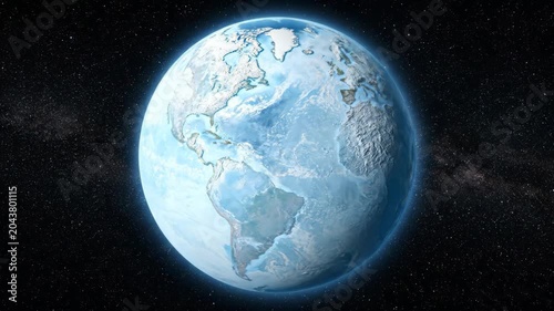 A visual metaphor of global cooling showing planet Earth completely freezing over into a solid white ice ball. Oceans and continents disappear beneath a thick layer of snow and glaciers in deep space.