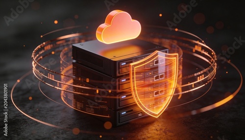Secure cloud storage protected by digital shield and encrypted data streams, cybersecurity protection for online backup systems and modern cloud computing infrastructure