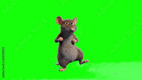 A dynamic 3D animated brown mouse or rat character standing on its hind legs and doing a joyful dance against a solid green screen backdrop. Ideal for animated fantasy storybooks, pest control comedy 