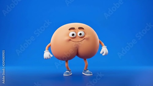 A humorous 3D digital illustration of a cheeky, round peach-colored butt emoji character standing on legs with white cartoon gloves and a smile, facing backward against a crisp blue background. Great 