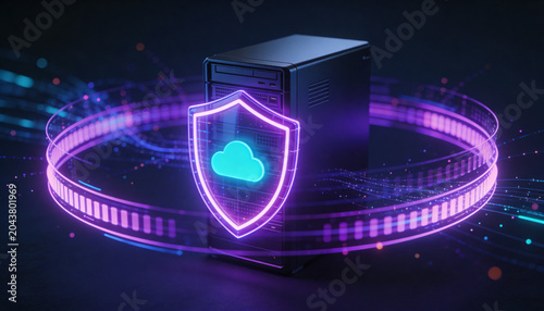 Secure cloud storage protected by digital shield and encrypted data streams, cybersecurity protection for online backup systems and modern cloud computing infrastructure