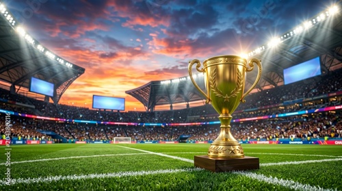 Golden champions cup on soccer field corner line inside packed sports stadium at sunset background