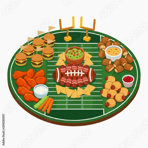 American Football Game Day Food Spread on a Football Field Platter