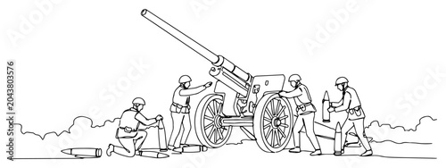 Fotografía Artillery cannon and soldiers continuous line drawing, historical military battl