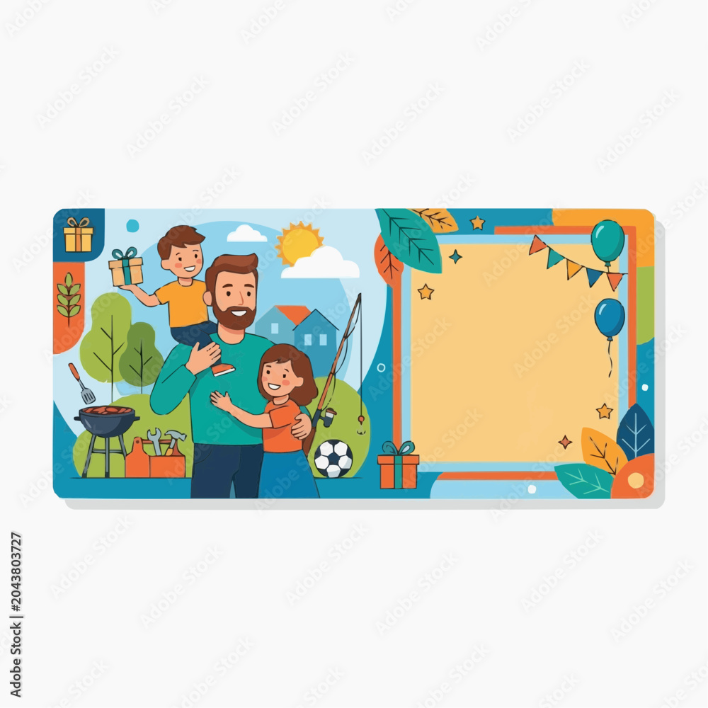 Fototapeta premium Father and children celebrating with gifts and outdoor activities like barbecue and fishing