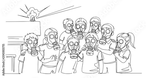 Obraz na plátne Children wearing gas masks for safety continuous line art, group of kids in poll