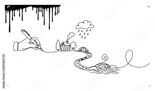Konstfotografi Hand drawing a landscape continuous line art, creative illustration of house roa
