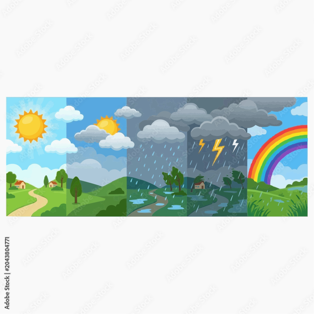 Obraz premium Weather conditions changing from sunny to stormy with a rainbow