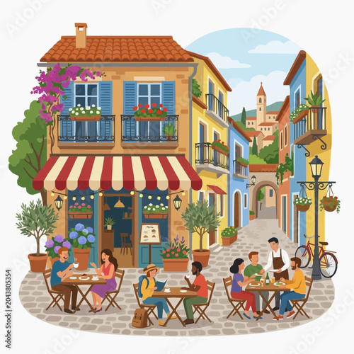 Charming European street cafe scene with people enjoying coffee and food