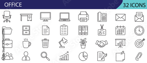 Photos Set of 32 office icons each icon will be different, create a vector outline icons using white background and black color