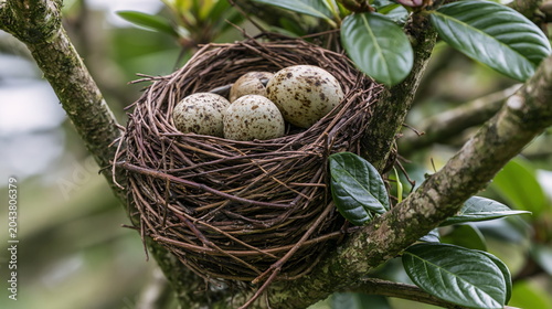 Bird Nest with Speckled Eggs Perched on Mossy Tree Branch Amidst Lush Foliage