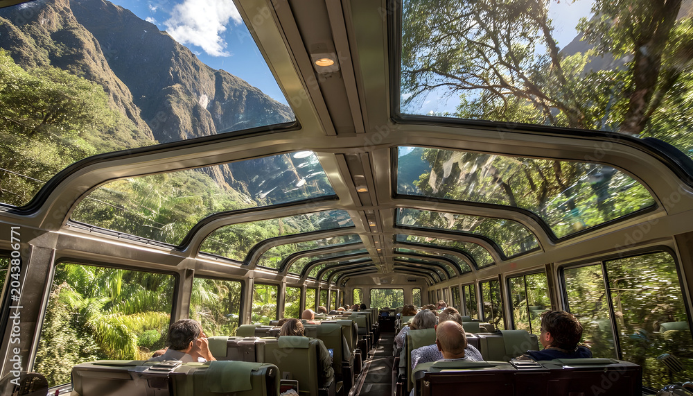 Obraz premium Interior low angle shot of the panoramic glass ceiling on the Vistadome train to Machu Picchu, Peru. Travelers enjoy views of the lush jungle canopy and mountains through the skylight windows