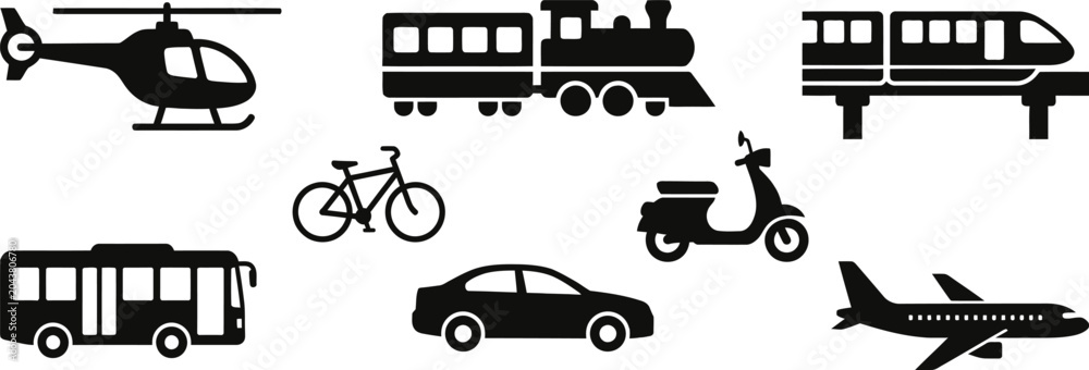 Naklejka premium Collection of silhouette transportation vehicles and aircraft isolated on transparent background.